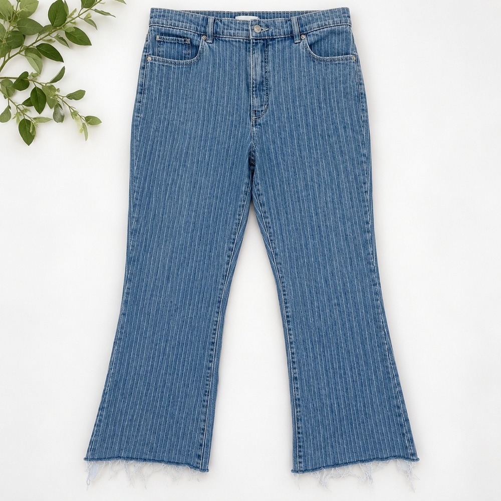 LOFT Kick Crop Jeans Blue Pinstripe High Rise Raw Hem Denim Pants Size 31/12